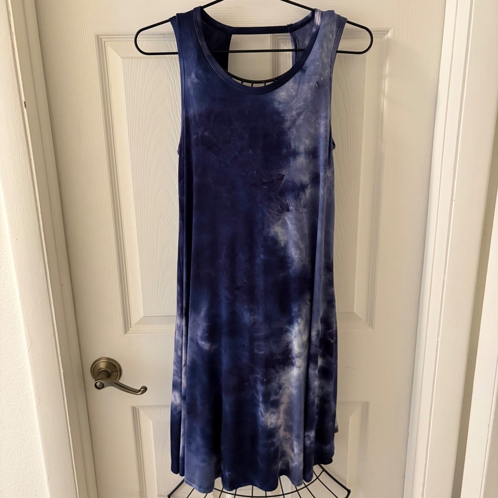 Blue Tie Dye Dress Womens Sleeveless Scoop Neck Flowy Swing Casual Summer